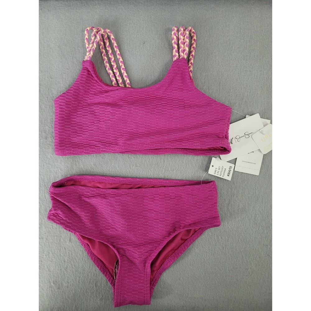 Jessica Simpson Bikini Girls XS 4/5 Fuchsia 2-Piece Braided Metallic Stripe NWT